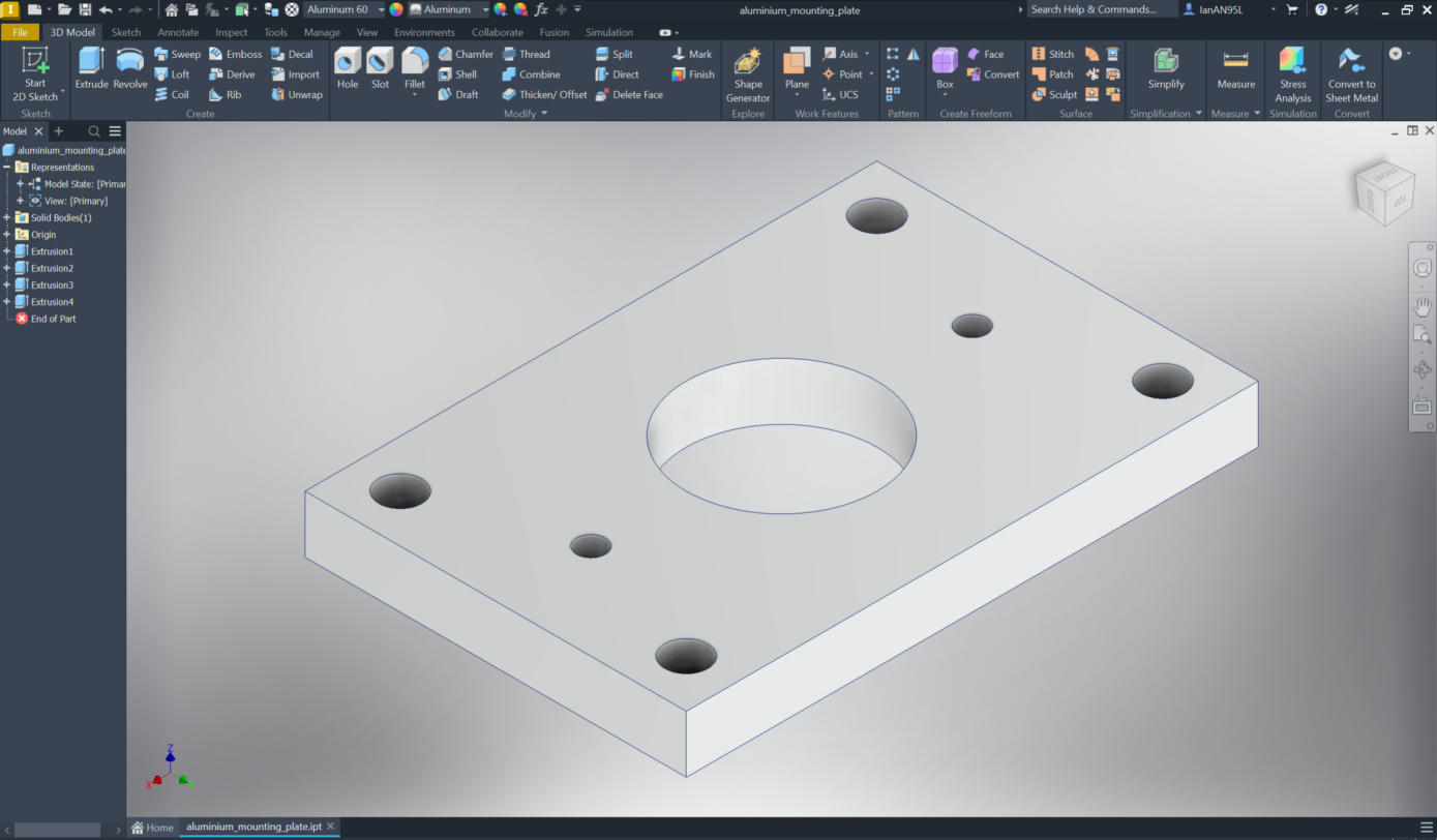 An aluminium mounting plate part open in Autodesk Inventor
