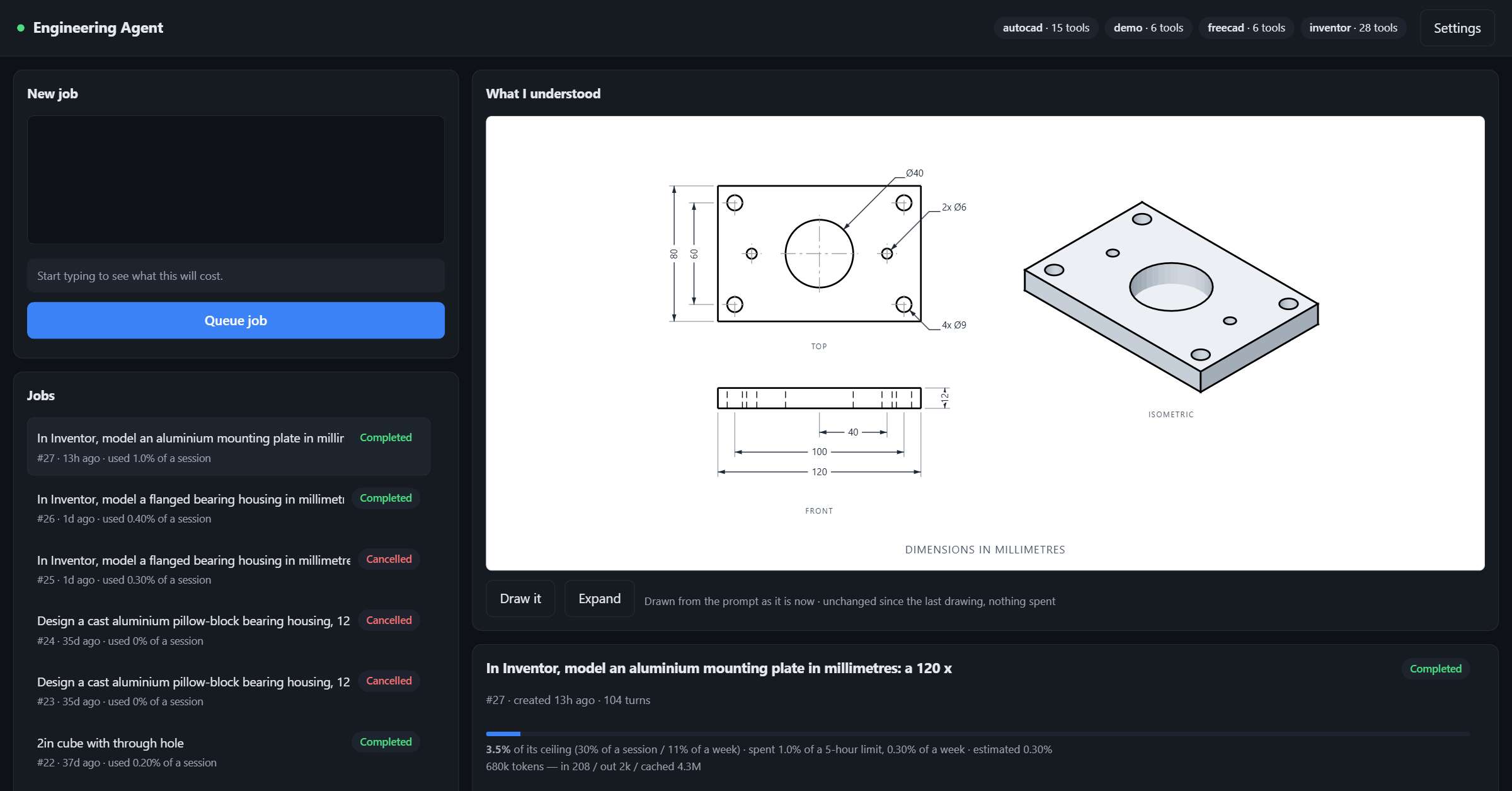 The Engineering Agent user interface with a dimensioned drawing and a completed job